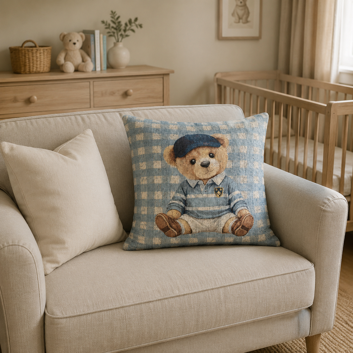 Teddy bear baby pillow on a cream sofa in a neutral nursery with a dresser behind
