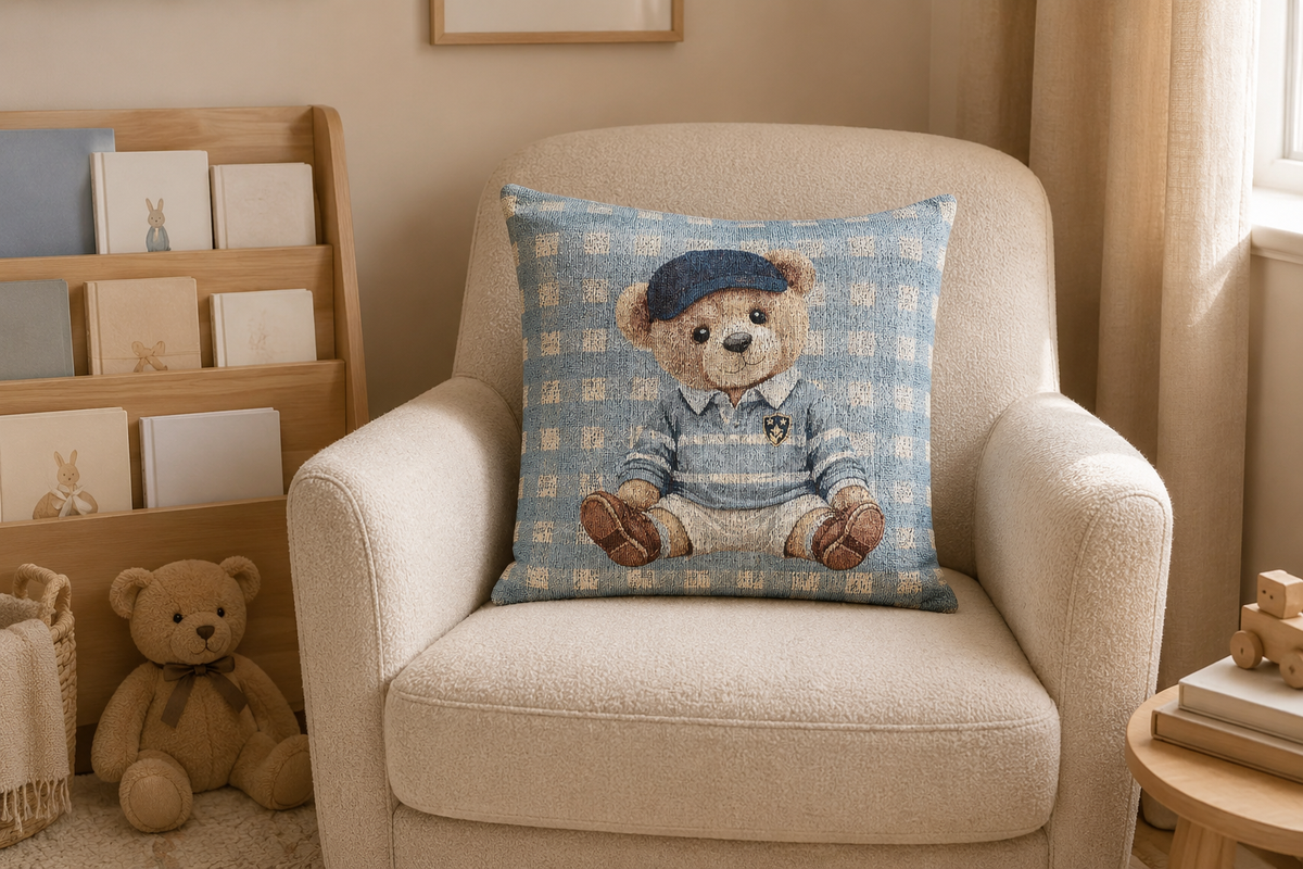 Teddy bear baby pillow on a cream nursery chair with shelves and soft toys behind
