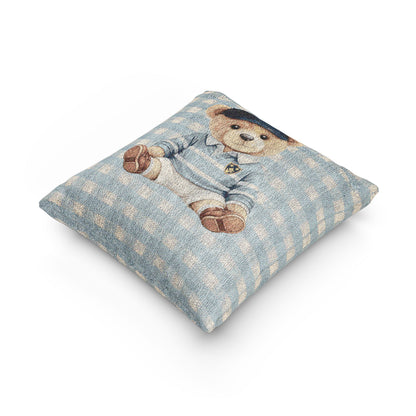 Teddy bear baby pillow shown at an angle to show its depth and seam