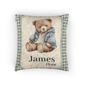 Personalized woven pillow with a teddy bear in a blue jacket on sage gingham with a name woven in, front view