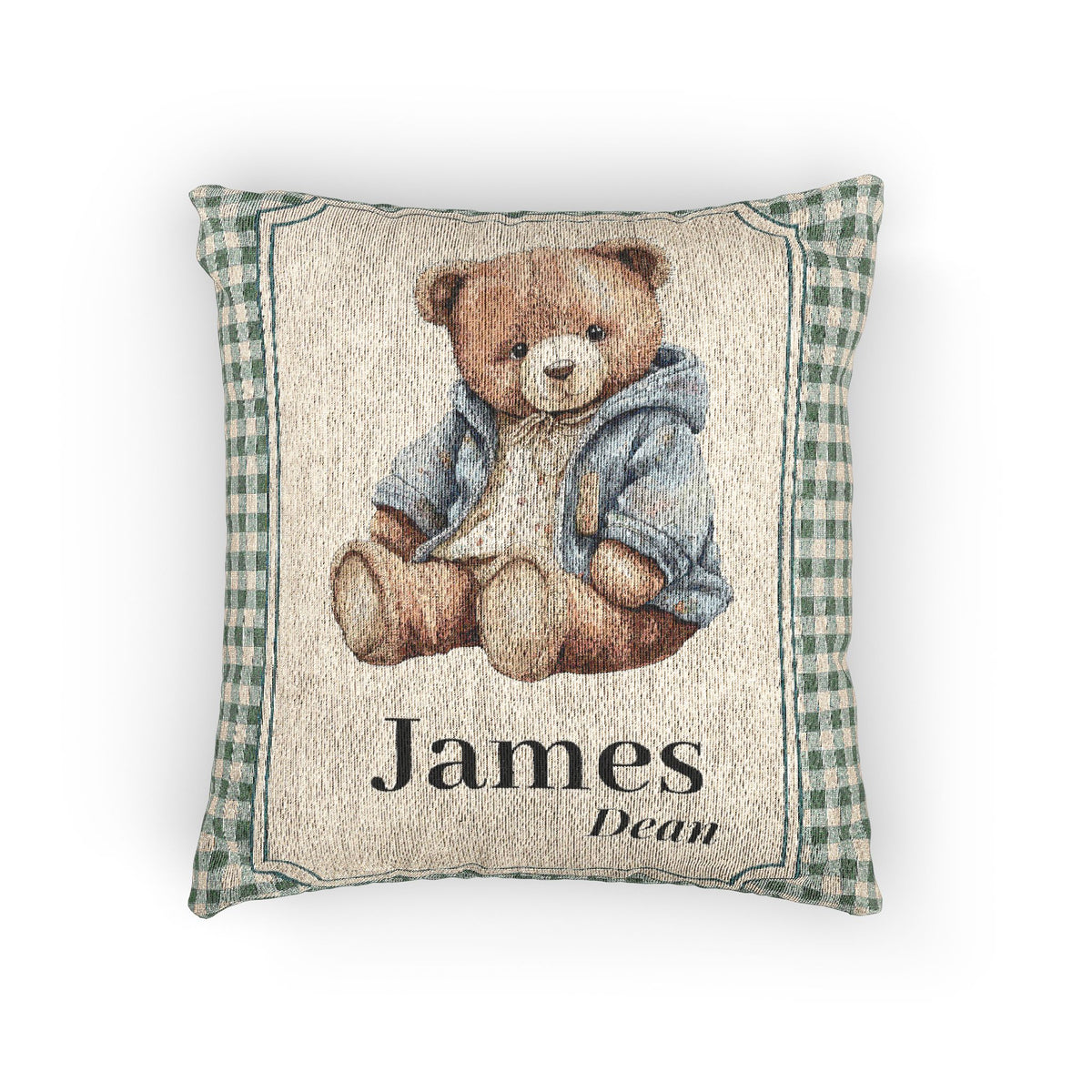 Personalized woven pillow with a teddy bear in a blue jacket on sage gingham with a name woven in, front view