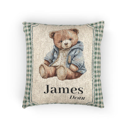 Personalized woven pillow with a teddy bear in a blue jacket on sage gingham with a name woven in, front view