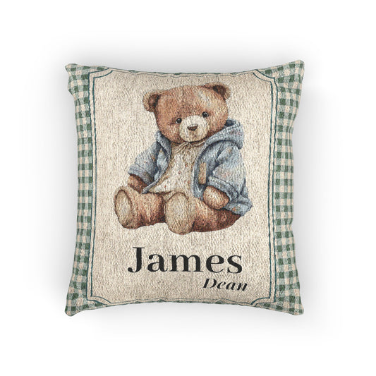 Personalized woven pillow with a teddy bear in a blue jacket on sage gingham with a name woven in, front view