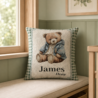 Personalized teddy bear woven pillow on sage gingham with a woven name