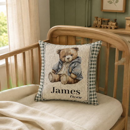 Sage gingham teddy bear nursery pillow with a personalized name