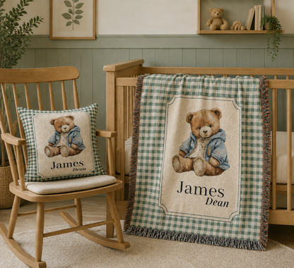 Personalized teddy bear sage woven pillow styled in a nursery