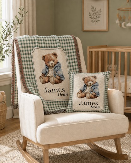Personalized teddy bear sage pillow styled with the matching nursery items
