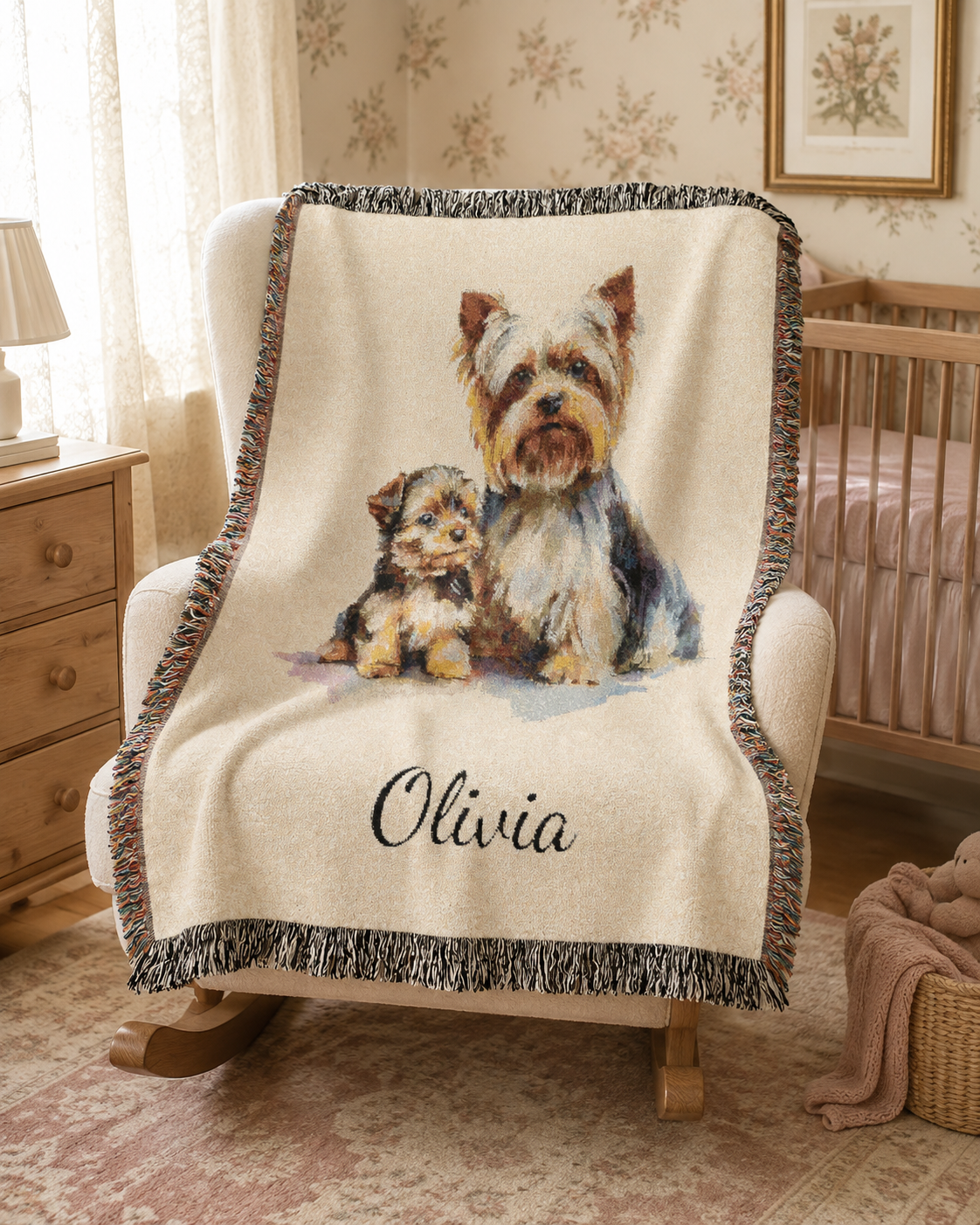 Personalized Yorkshire terrier blanket over a cream armchair in a classic interior