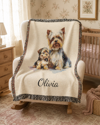 Personalized Yorkshire terrier blanket over a cream armchair in a classic interior