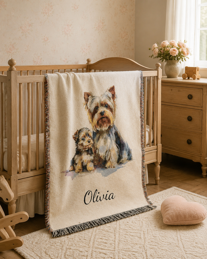 Personalized Yorkshire terrier blanket over a chair in a room with a dresser and flowers
