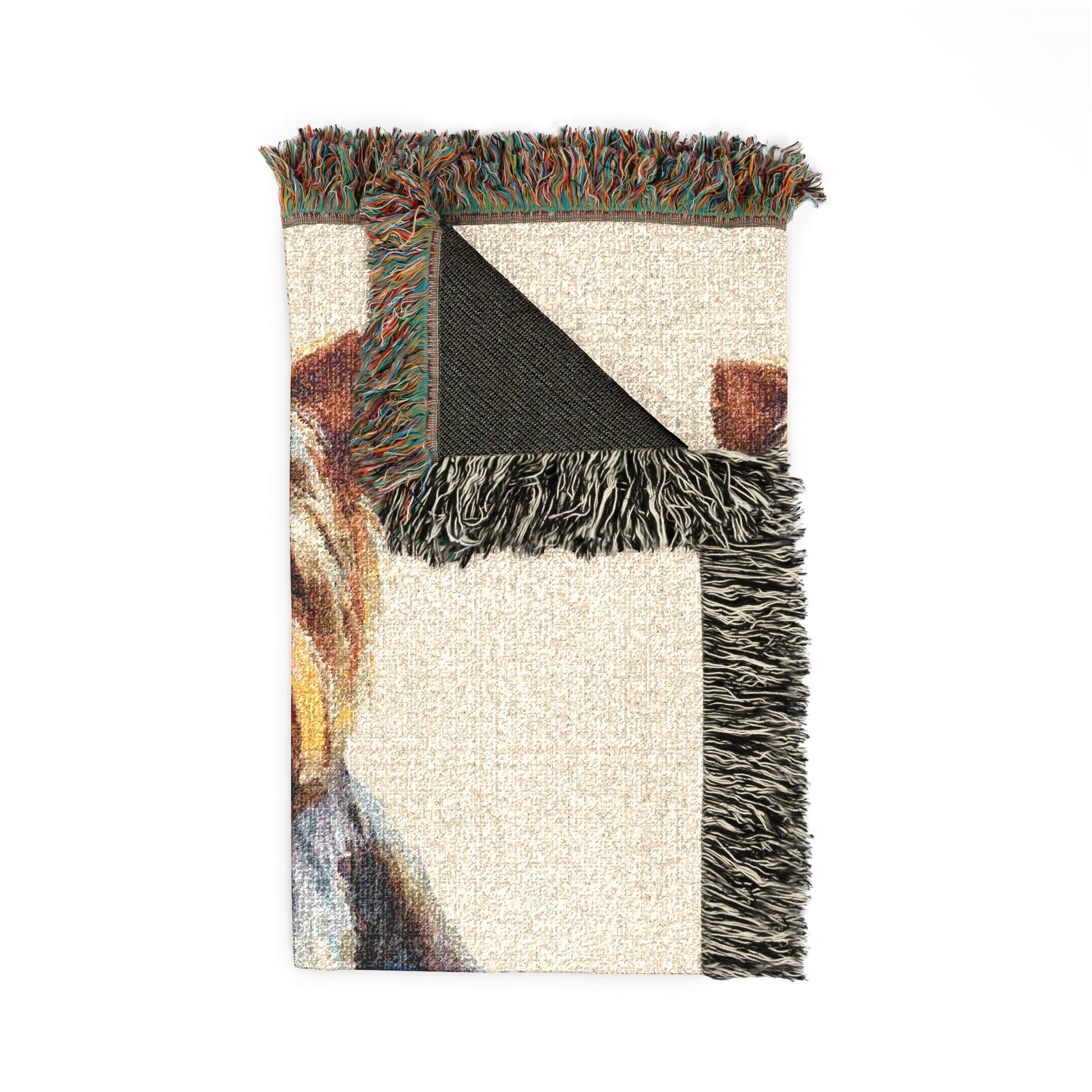 Folded personalized Yorkshire terrier blanket showing the fringed edge and the dark reverse side