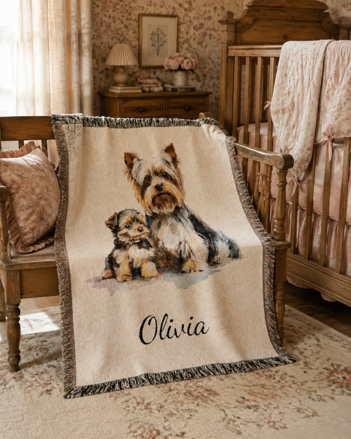 Personalized Yorkshire terrier blanket over a chair in a warm traditional room