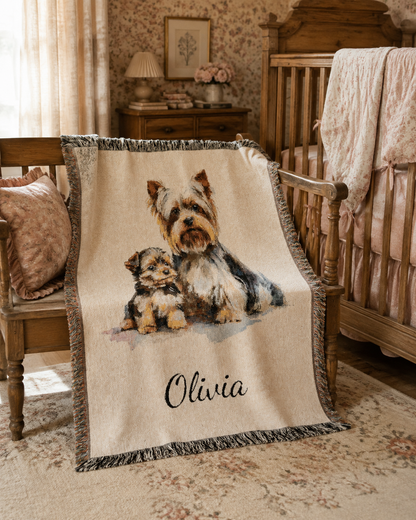 Personalized Yorkshire terrier blanket over a chair in a warm traditional room