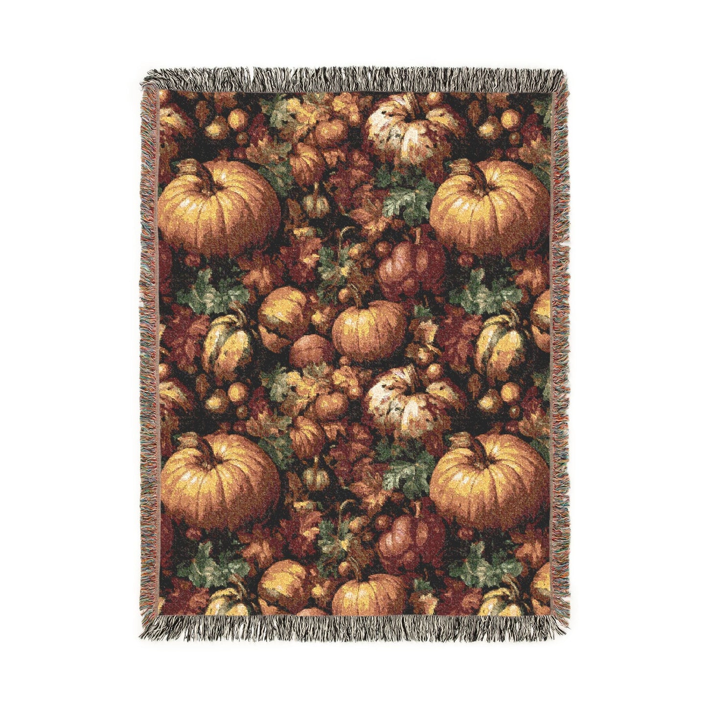 Pumpkin Harvest woven throw blanket with a dense pattern of pumpkins, gourds, acorns and leaves, front view