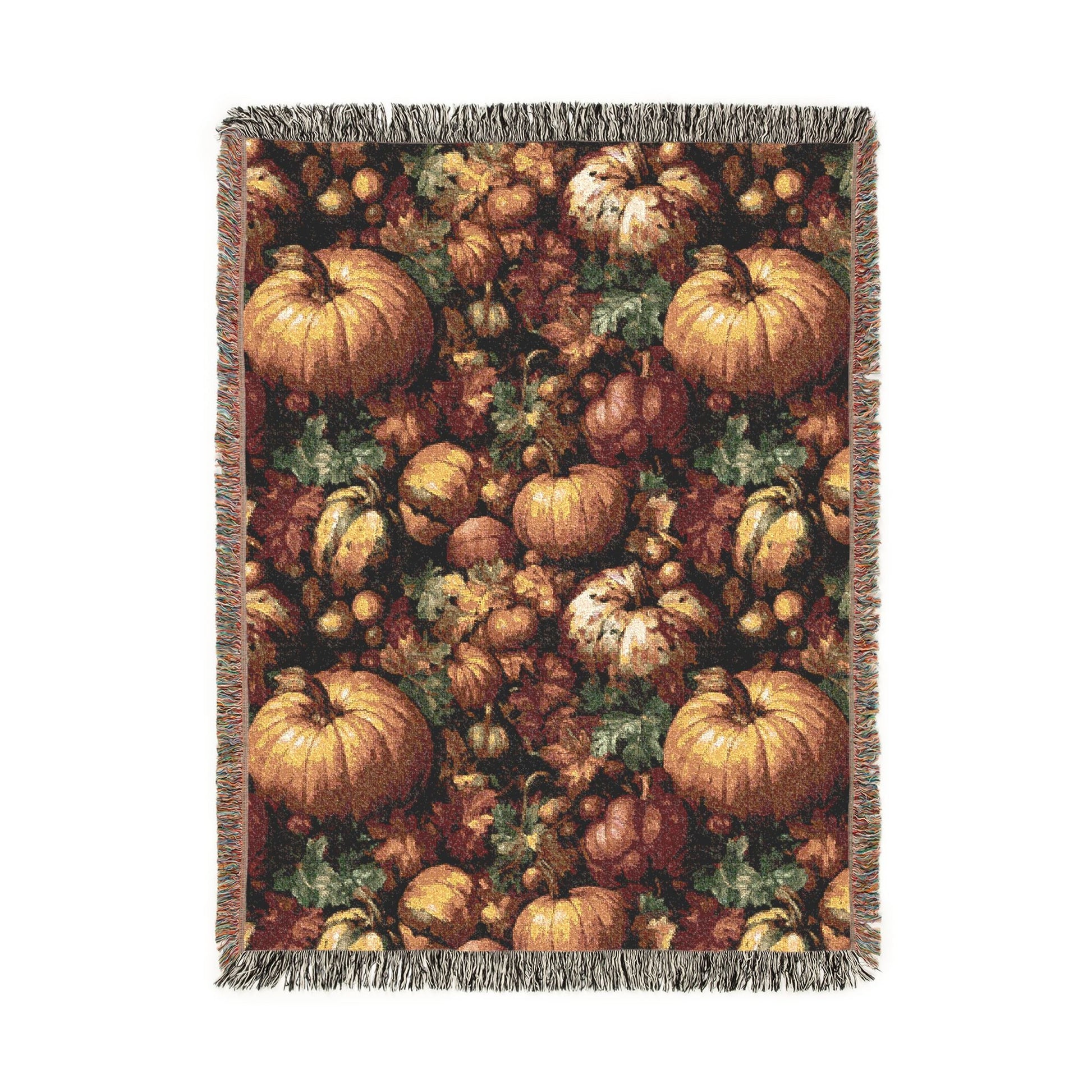 Pumpkin Harvest woven throw blanket with a dense pattern of pumpkins, gourds, acorns and leaves, front view