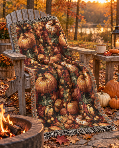 Pumpkin Harvest woven blanket draped over a wooden chair in warm autumn light
