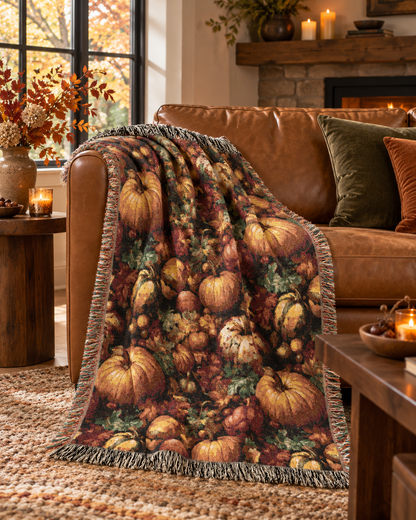 Pumpkin Harvest woven blanket folded over an armchair with matching pillows
