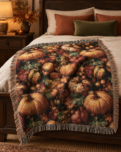 Pumpkin Harvest woven blanket draped over the corner of a bed