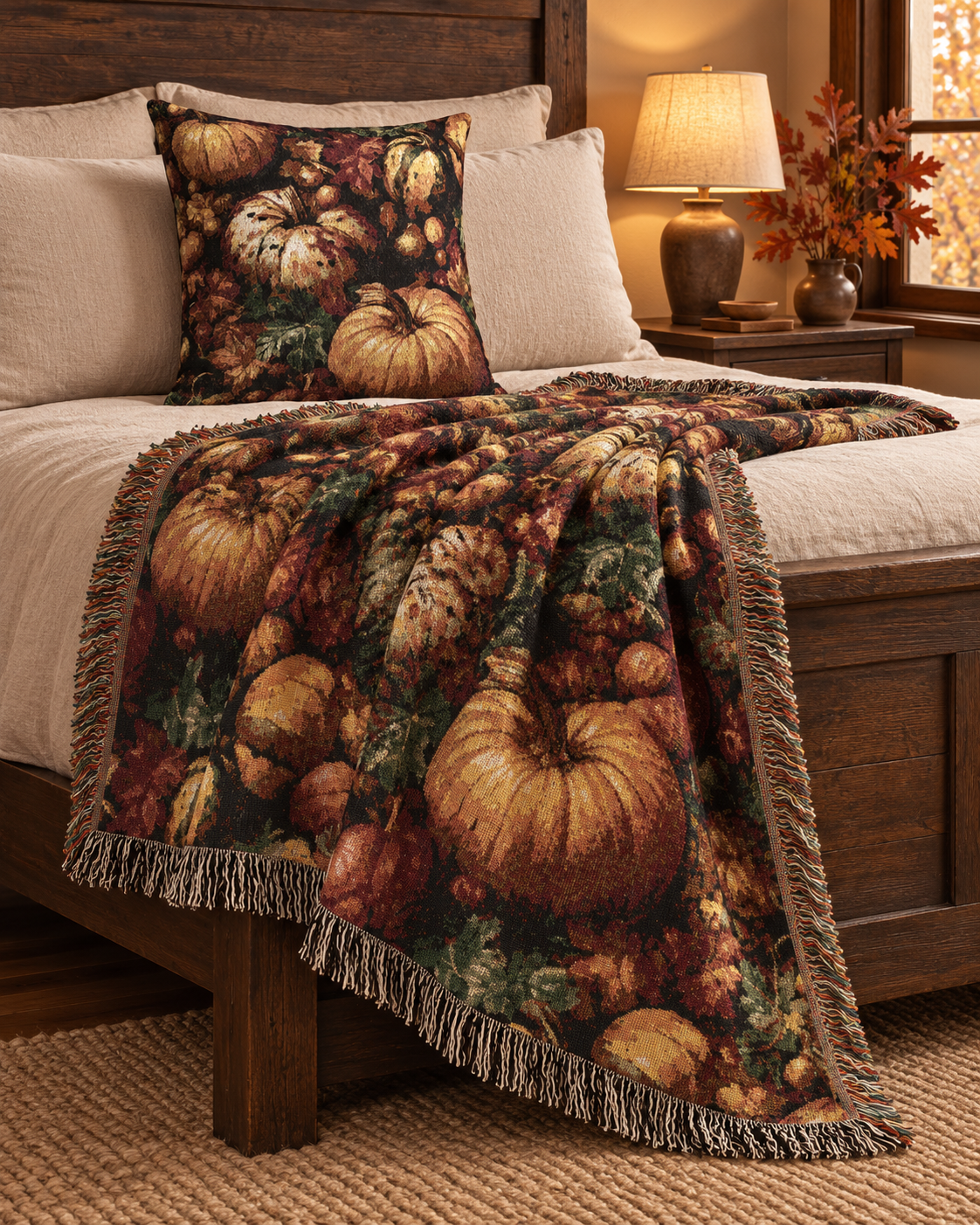 Pumpkin Harvest woven blanket on a bed with a cream pillow in warm lamp light