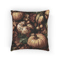 Pumpkin Harvest woven throw pillow with a dense pumpkin, gourd and leaf pattern, front view