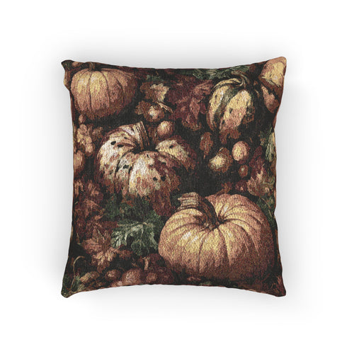 Pumpkin Harvest woven throw pillow with a dense pumpkin, gourd and leaf pattern, front view
