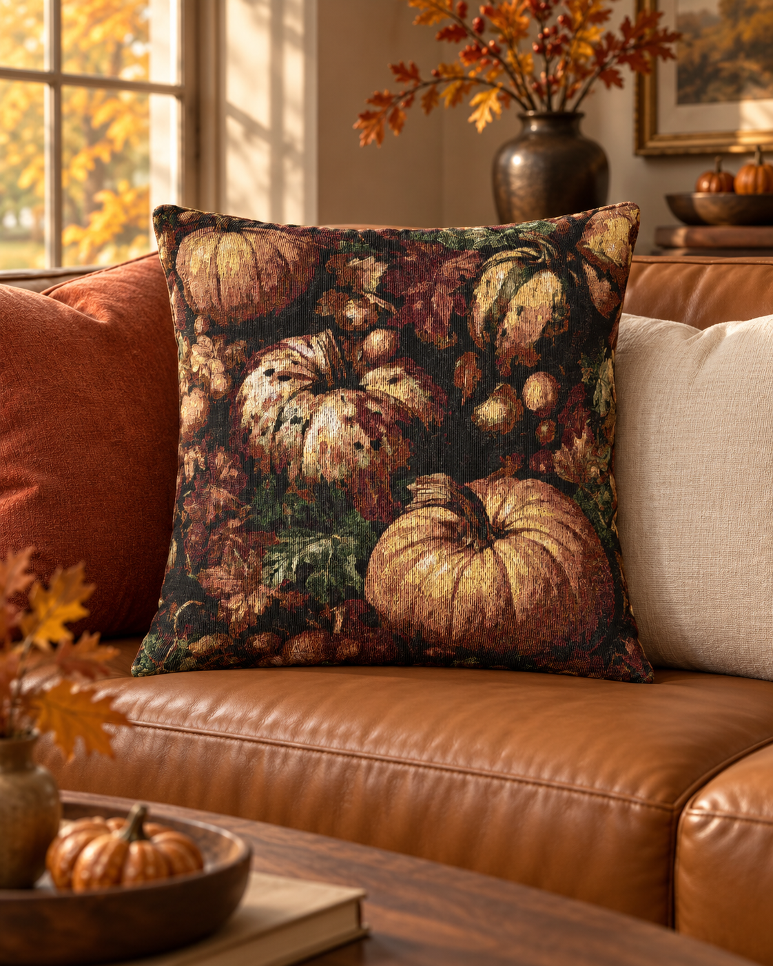 Pumpkin Harvest woven pillow on a brown leather sofa surrounded by pumpkins
