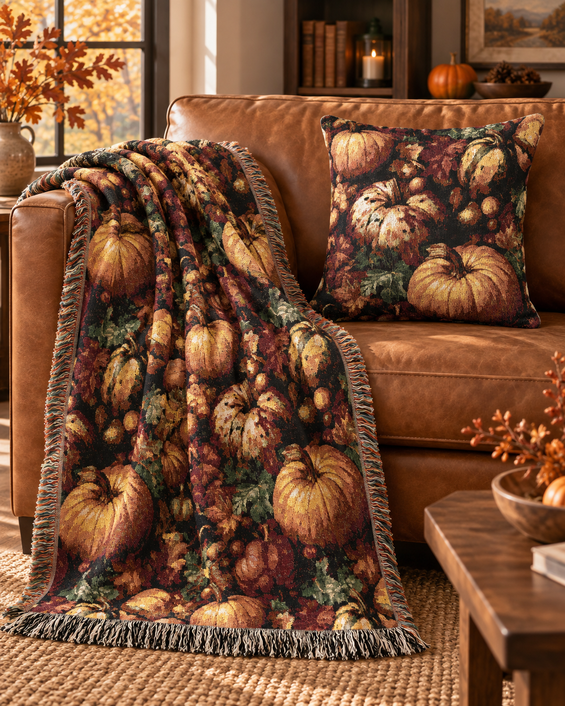 Pumpkin Harvest woven pillow with the matching woven blanket draped over a chair