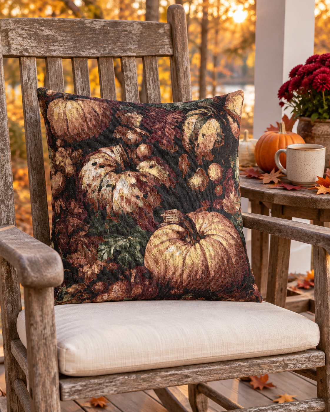 Pumpkin Harvest woven pillow on a cream armchair in warm autumn light