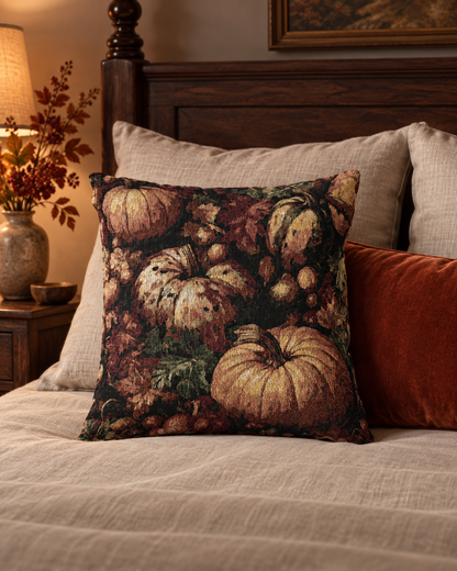 Pumpkin Harvest woven pillow styled on a cream sofa with autumn decor