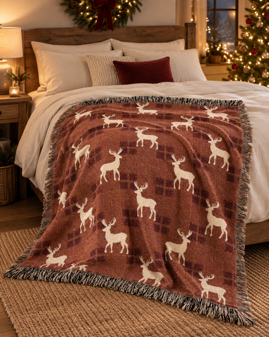 Reindeer plaid woven blanket styled on a bed with a matching pillow