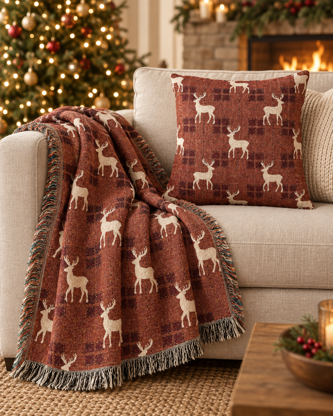 Reindeer plaid woven blanket and matching pillow draped over a chair in a warmly lit room by the fireplace