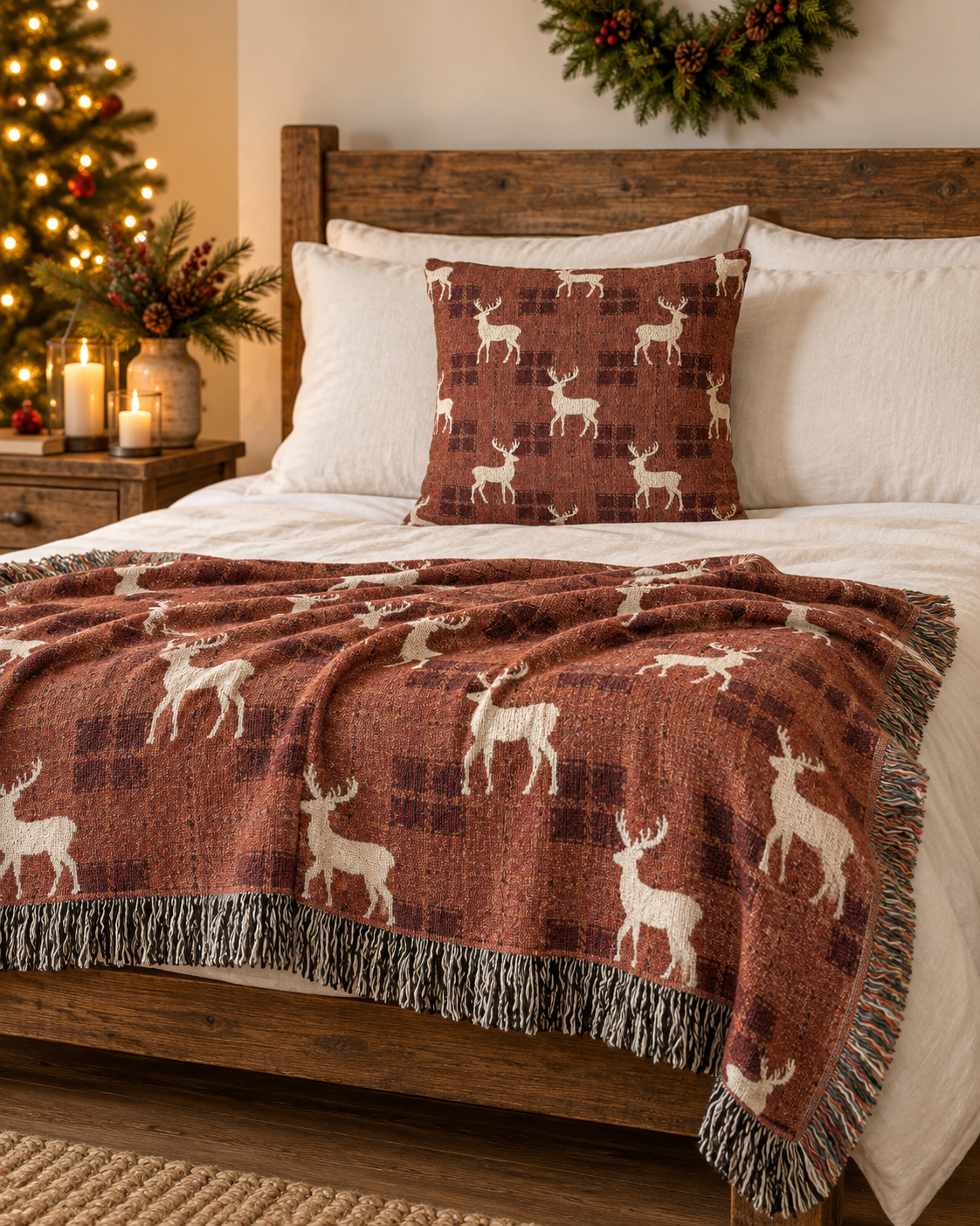 Reindeer plaid woven blanket and matching pillow styled together