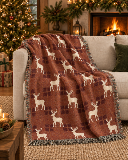 Reindeer plaid woven blanket styled on a couch near a decorated Christmas tree