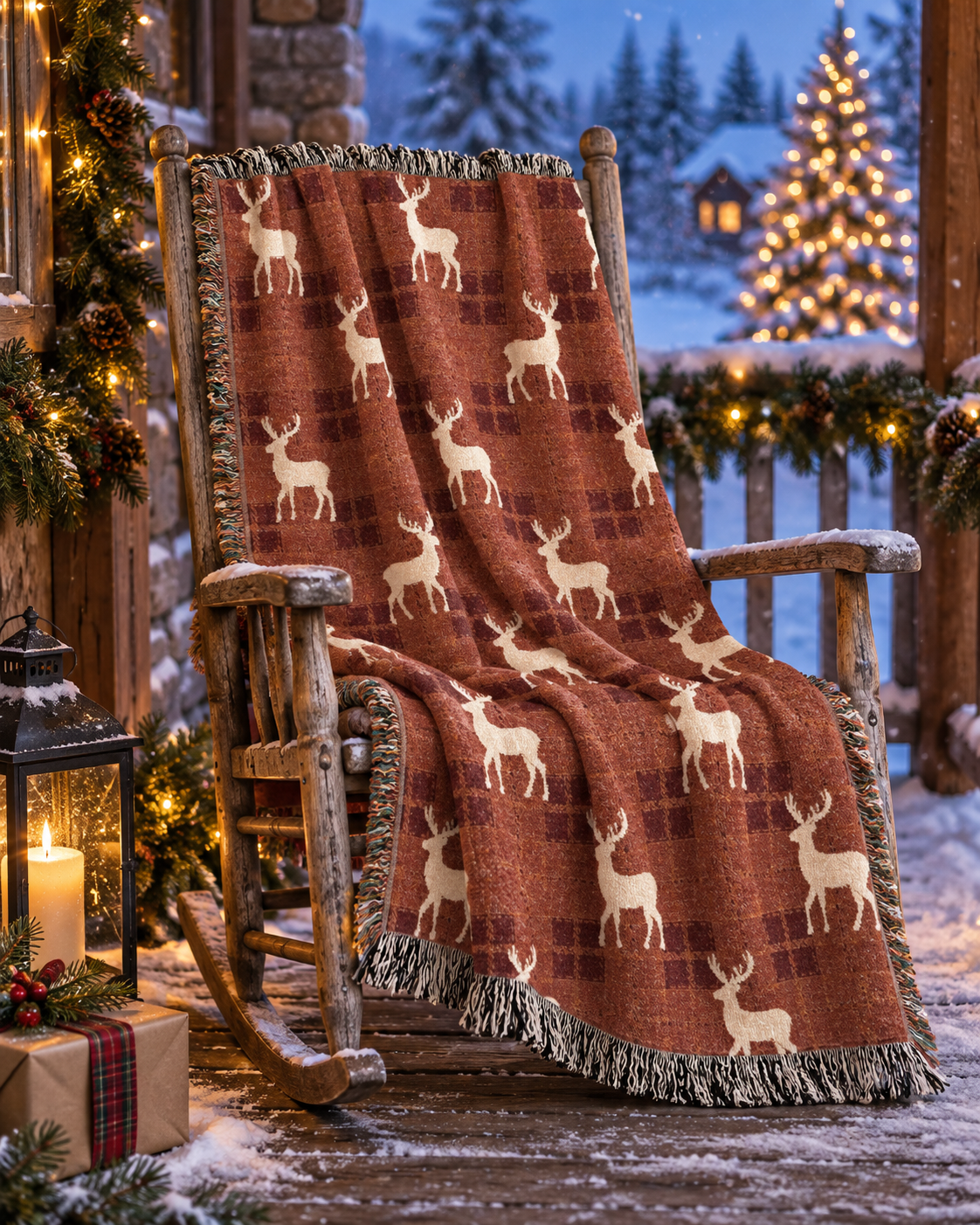 Reindeer plaid woven blanket styled in a cozy living room by a window with festive lights
