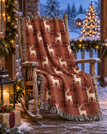 Reindeer plaid woven blanket styled in a cozy living room by a window with festive lights