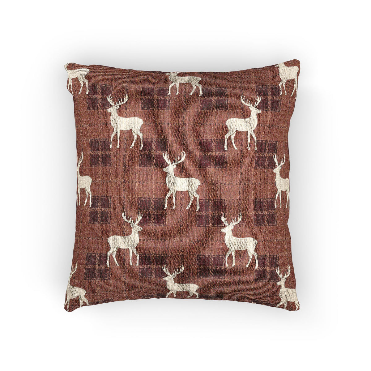 Reindeer plaid woven pillow featuring cream reindeer silhouettes on a rust buffalo-check pattern