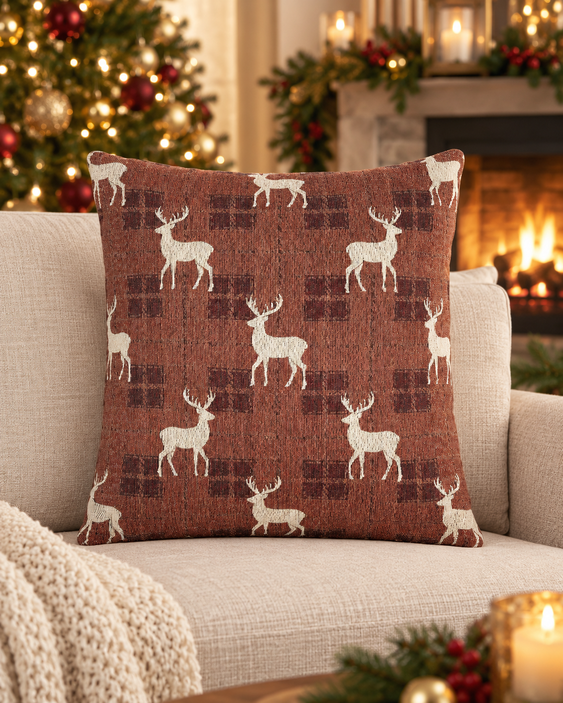Reindeer plaid woven pillow styled on a couch near a decorated Christmas tree