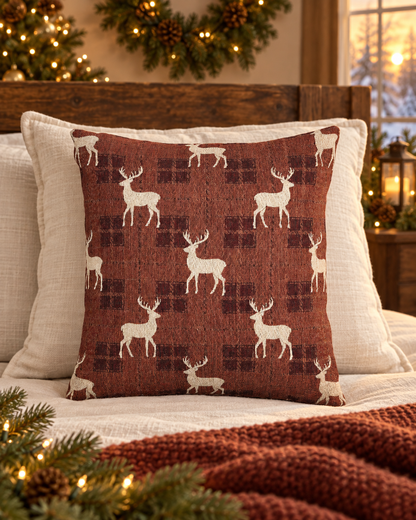 Reindeer plaid woven pillow styled on a couch with a cozy knit throw