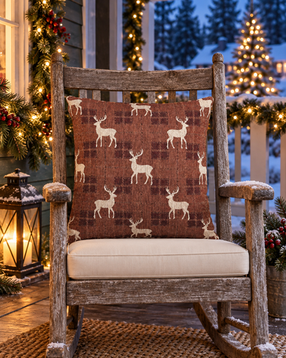 Reindeer plaid woven pillow styled on a chair by a window with festive lights
