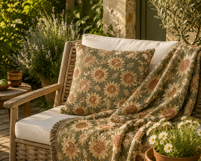 Retro Flower woven blanket with matching cushions on a garden bench