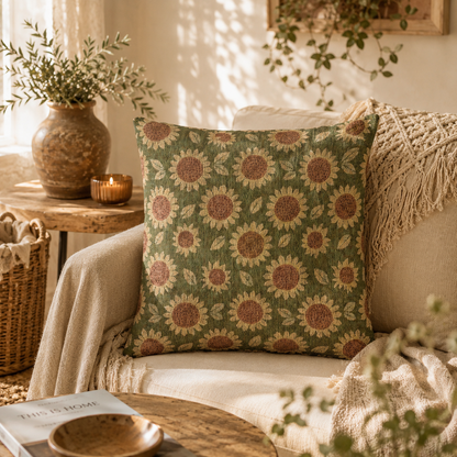 Retro Flower woven pillow on a cream sofa with a fringed throw and dried stems