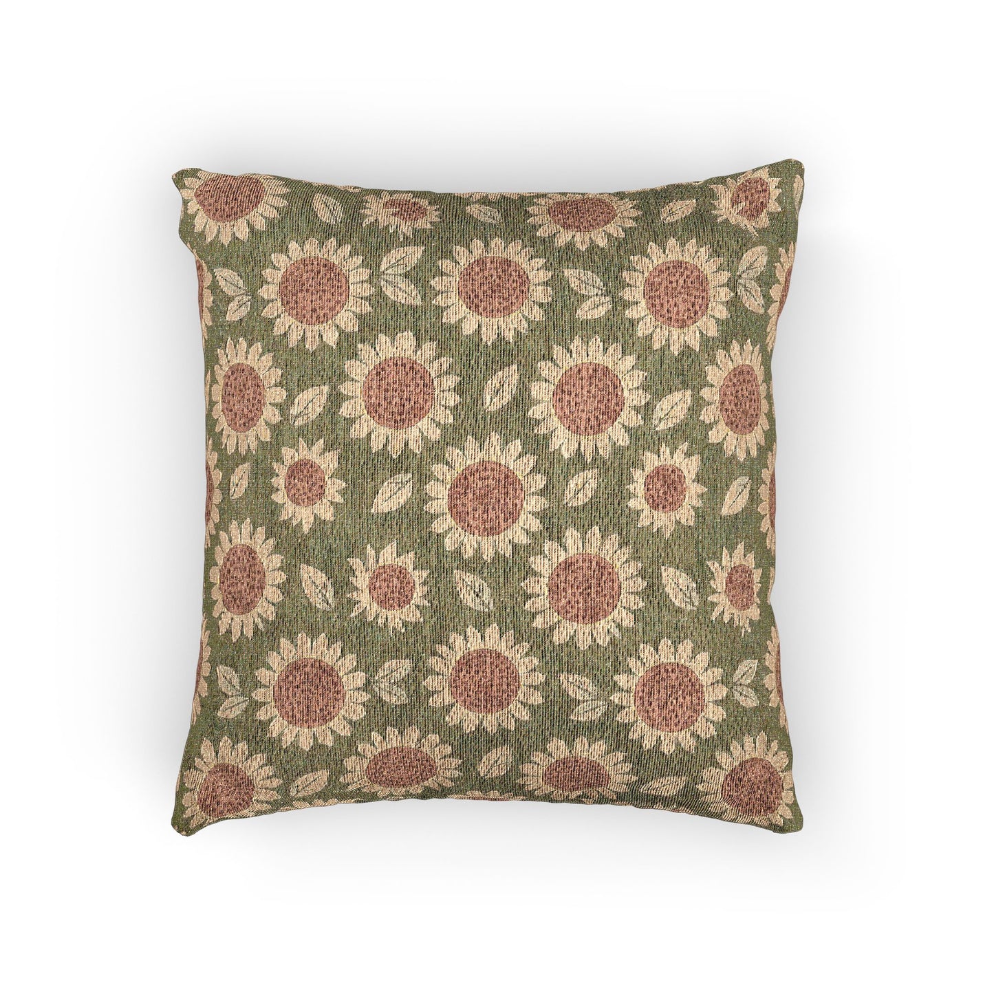 Retro Flower woven pillow with coral daisies on a sage green ground, front view
