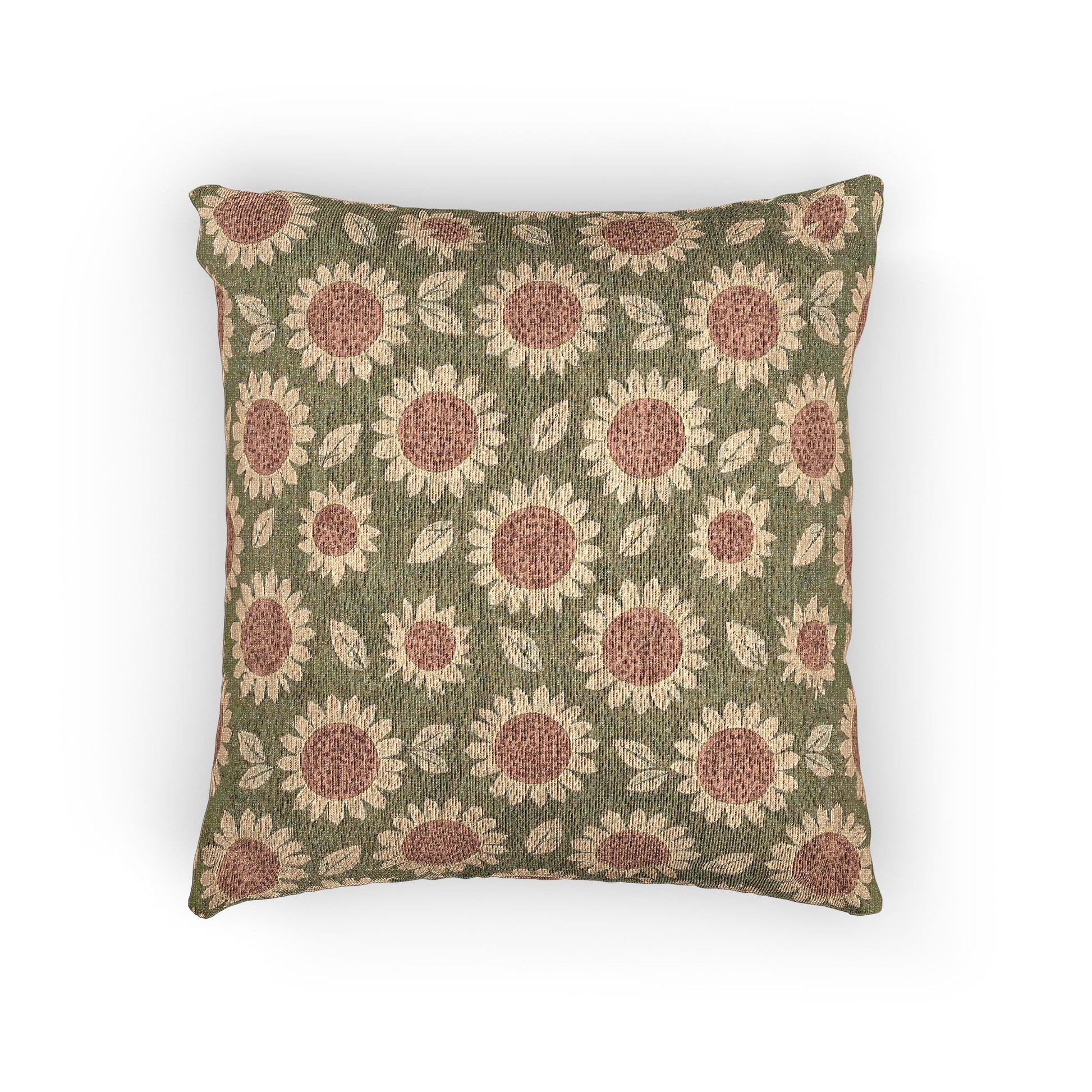 Retro Flower woven pillow with coral daisies on a sage green ground, front view