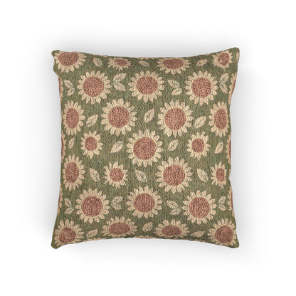Retro Flower woven pillow with coral daisies on a sage green ground, front view