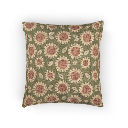 Retro Flower woven pillow with coral daisies on a sage green ground, front view