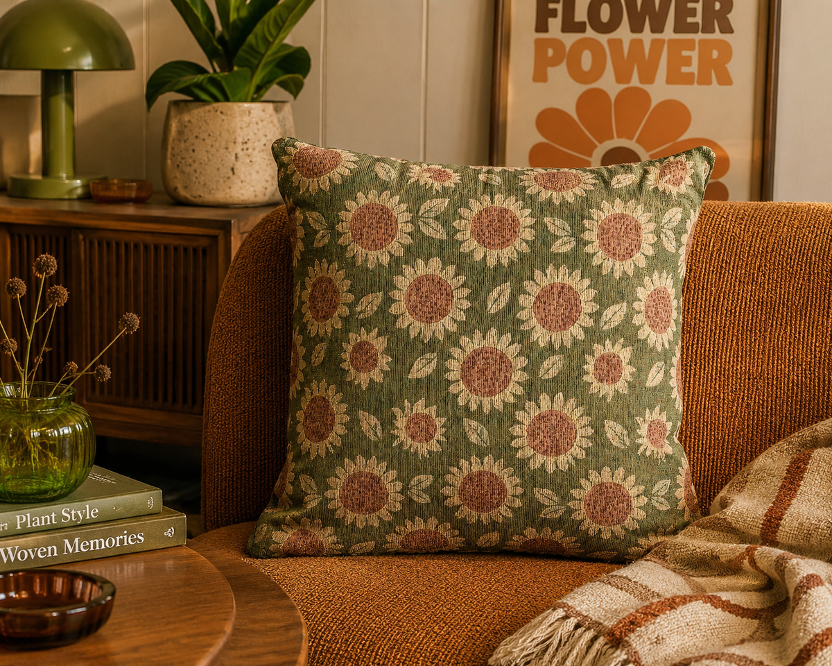 Retro Flower woven pillow on a tan leather sofa with plants and a lamp