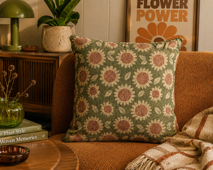 Retro Flower woven pillow on a tan leather sofa with plants and a lamp