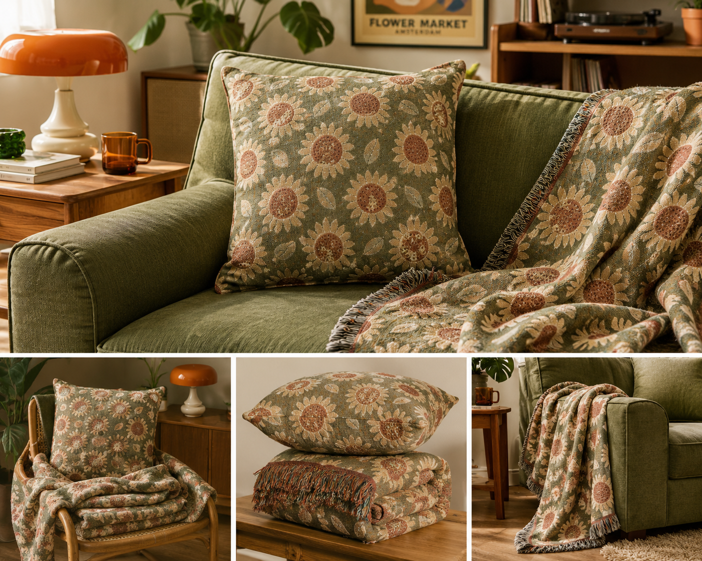 Retro Flower woven pillow with the matching Retro Flower woven blanket, shown in detail