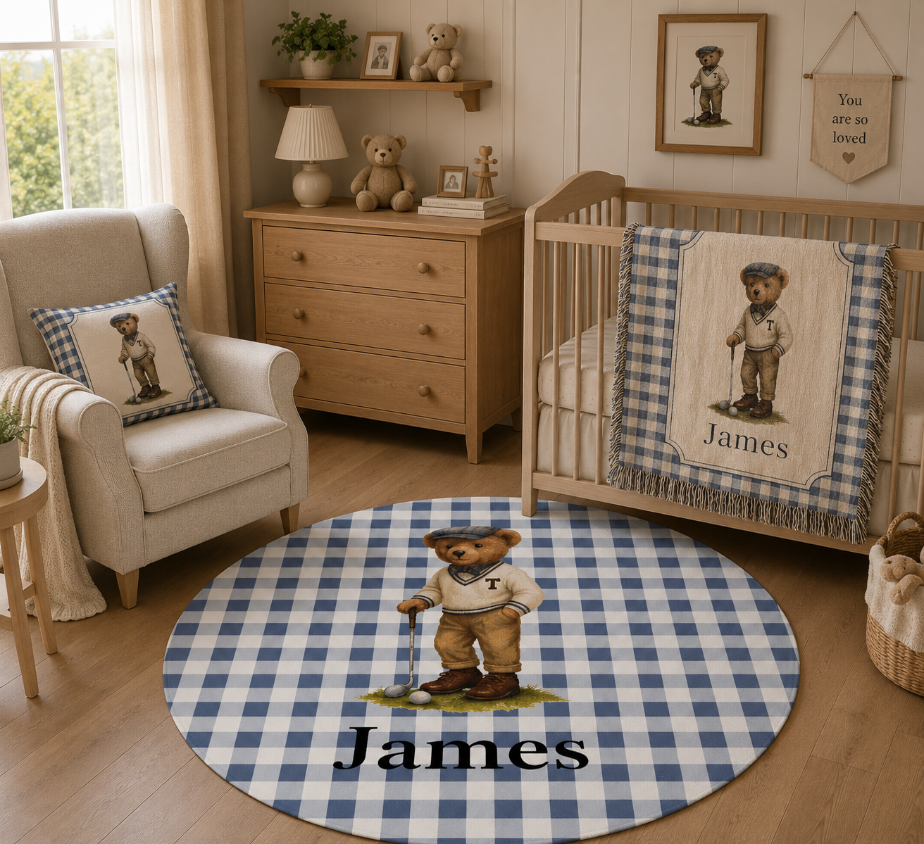 Nursery with the bear golf pillow on an armchair, a crib and a personalised teddy bear round rug