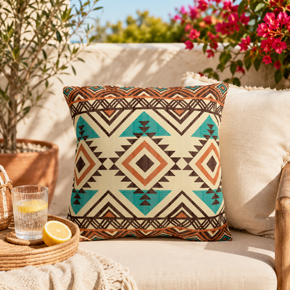 Rust and teal Aztec diamond outdoor pillows on a garden sofa with bougainvillea in the sun